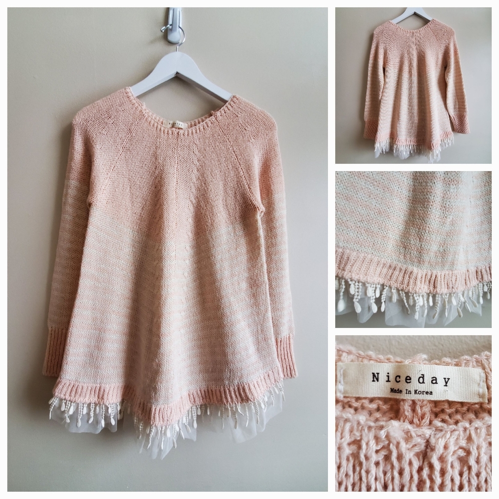 Nice day Korean brand rose pink sweater with lace details bottom